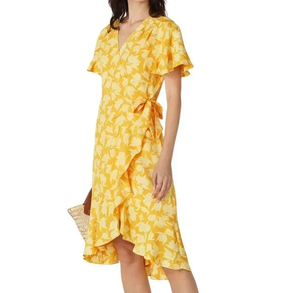 Joie Amelian Floral Wrap Dress Yellow M Romantic Feminine Resort Garden Party - Picture 2 of 12